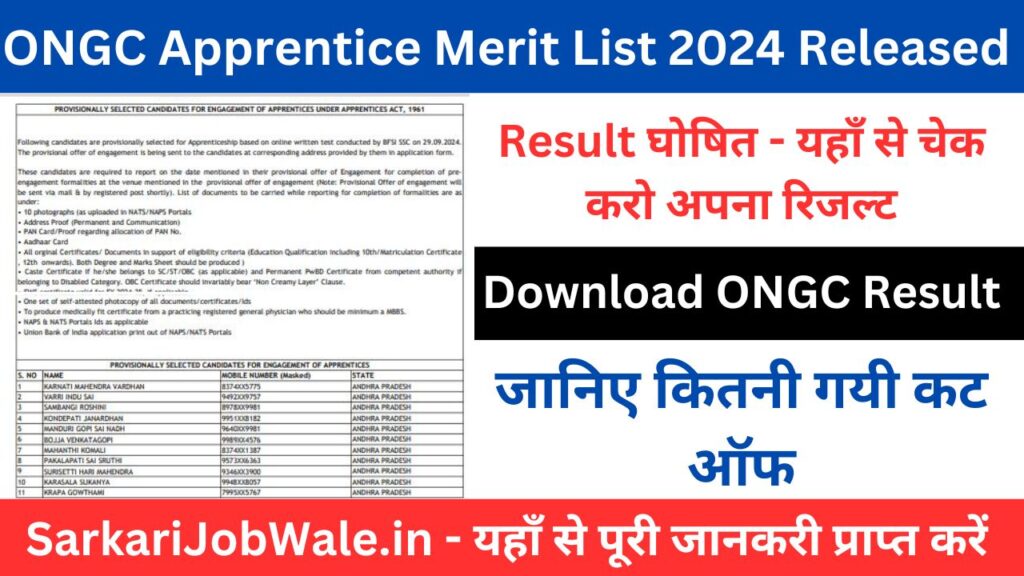 ONGC Apprentice Merit List 2024 Released मेरिट लिस्ट यहाँ से डाउनलोड करो